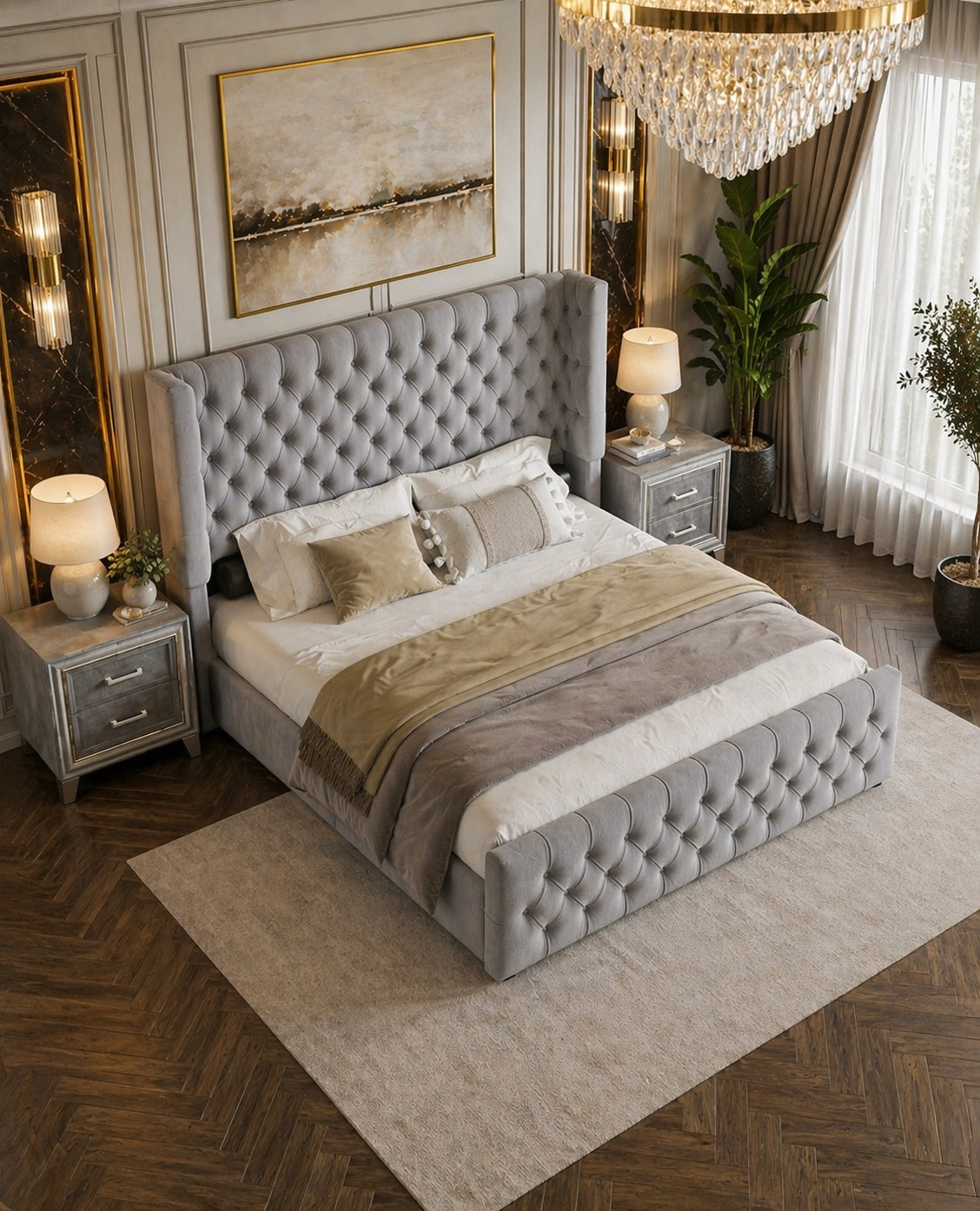 King Platform Bed with Curved Wingback Headboard & 2 Velvet Nightstands Grey Set