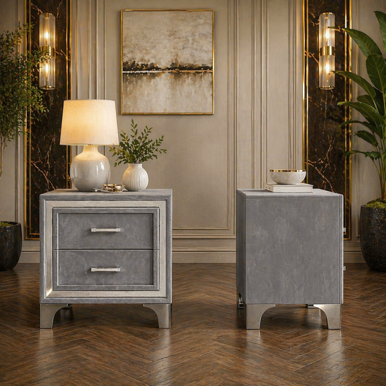 King Platform Bed with Curved Wingback Headboard & 2 Velvet Nightstands Grey Set