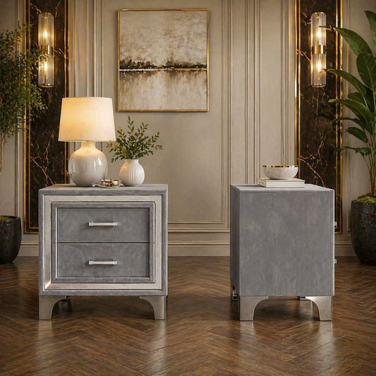 King Platform Bed with Curved Wingback Headboard & 2 Velvet Nightstands Grey Set
