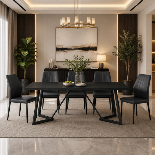 70.86" Black Rectangular Dining Table Set for 6-8 with 6 Upholstered Black Chairs