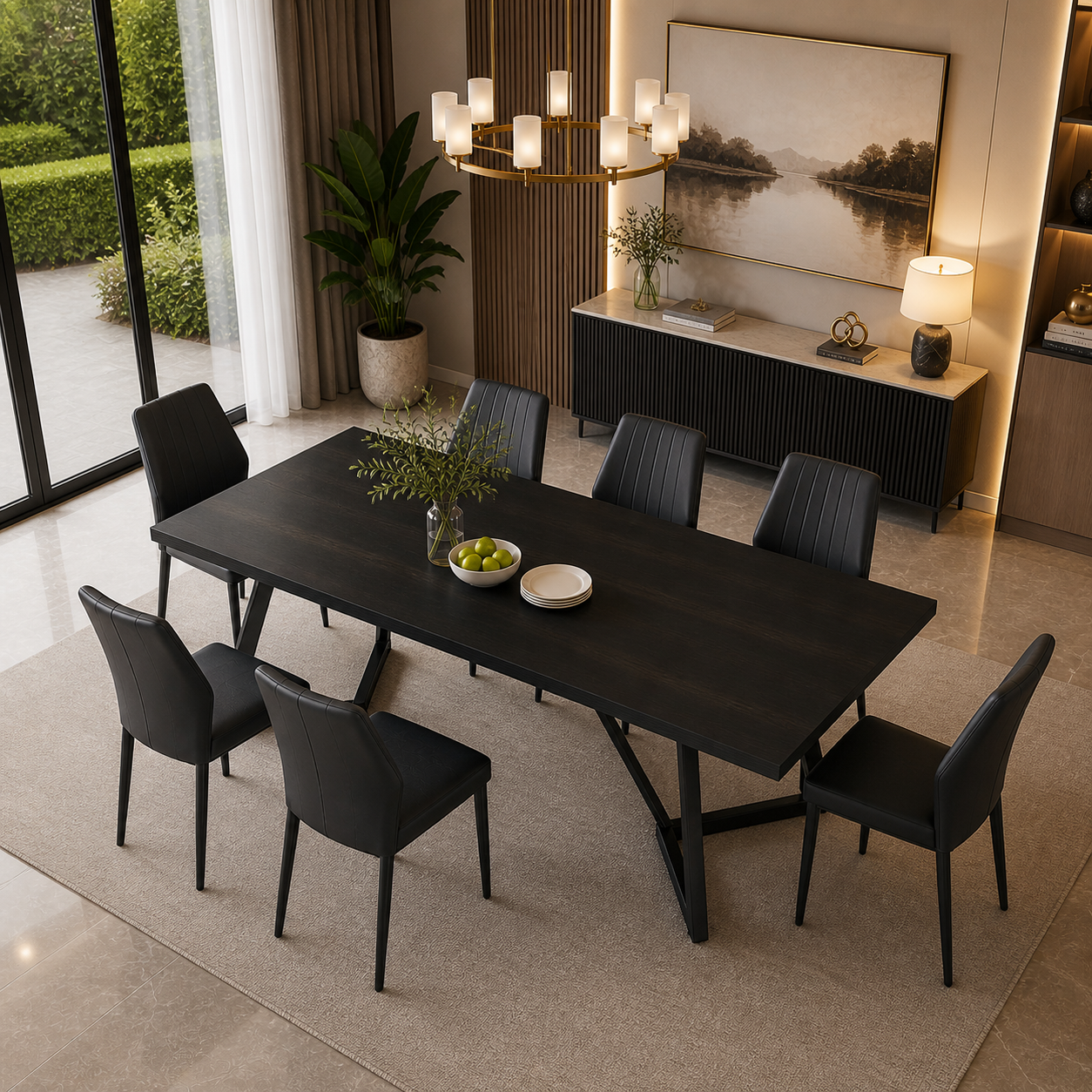 70.86" Black Rectangular Dining Table Set for 6-8 with 6 Upholstered Black Chairs