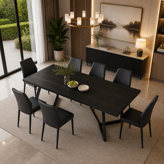70.86" Black Rectangular Dining Table Set for 6-8 with 6 Upholstered Black Chairs