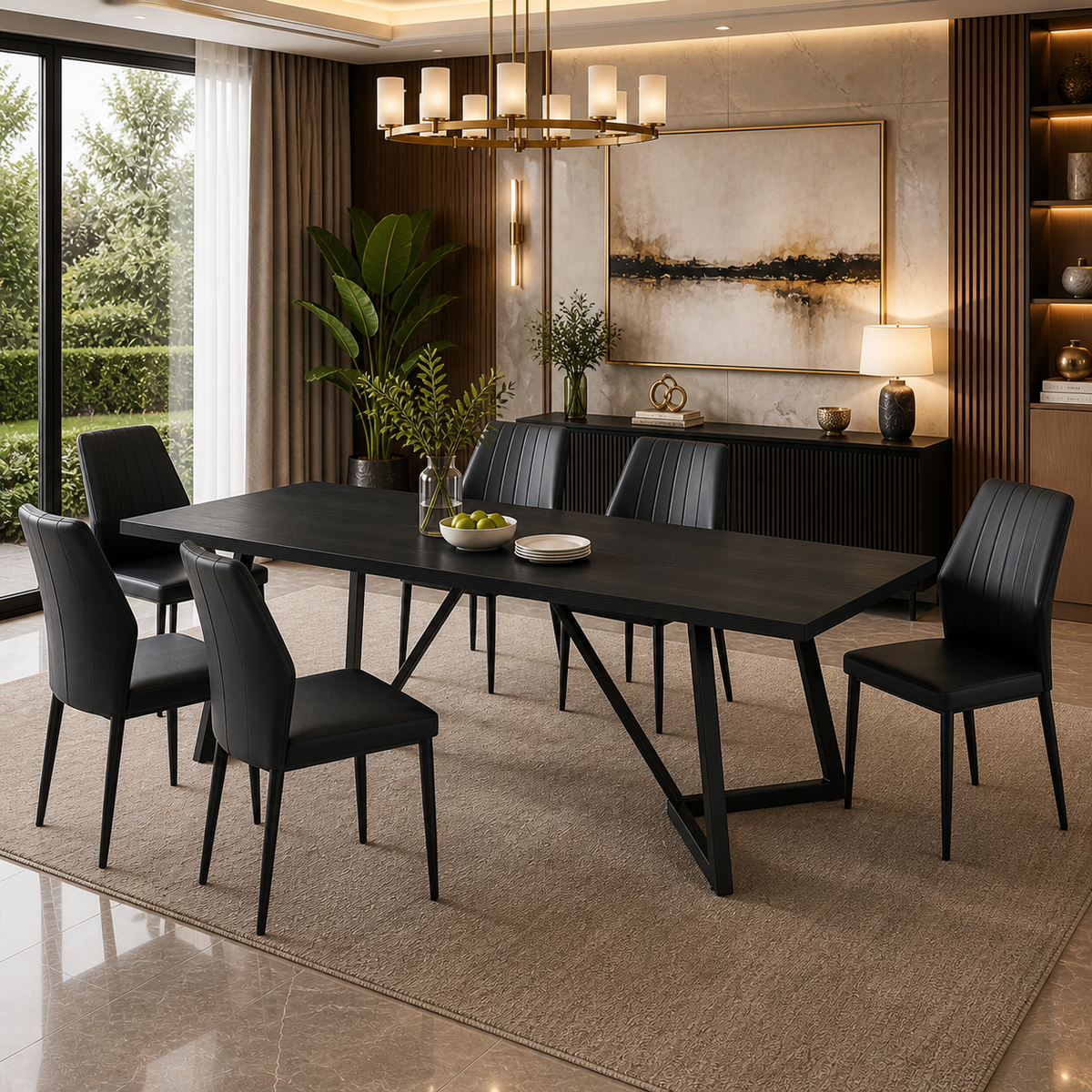 70.86" Black Rectangular Dining Table Set for 6-8 with 6 Upholstered Black Chairs