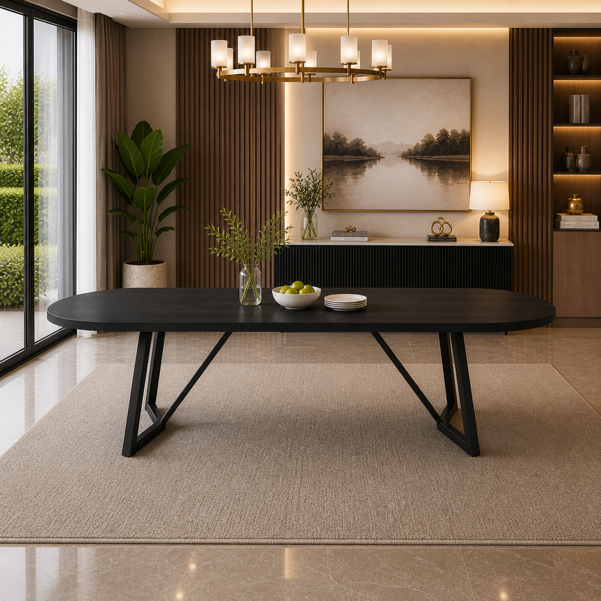 70.86" Black Rectangular Dining Table Set for 6-8 with 6 Upholstered Black Chairs