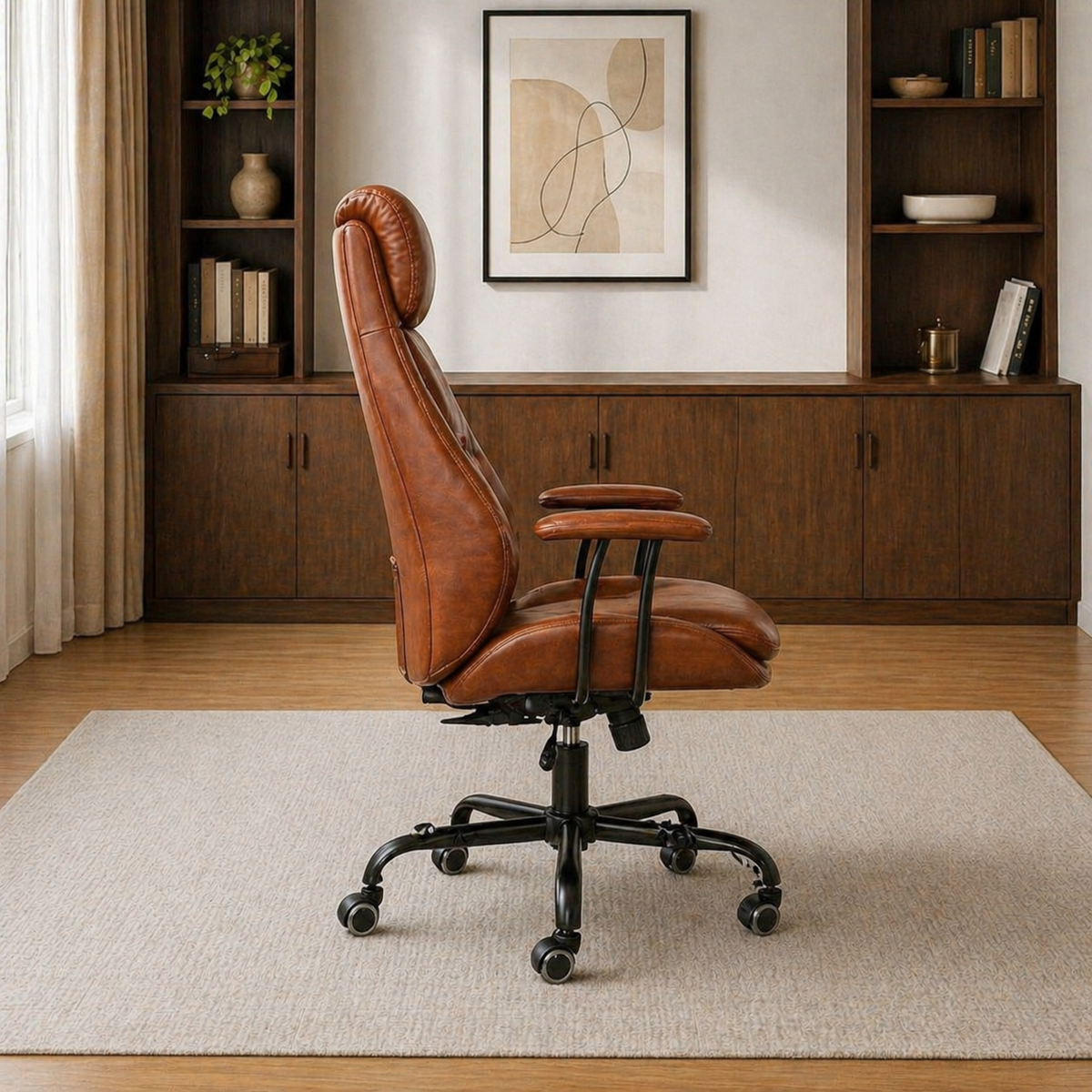 71" Executive Desk & Brown Leather Office Chair Set with Ergonomic High-Back Seat