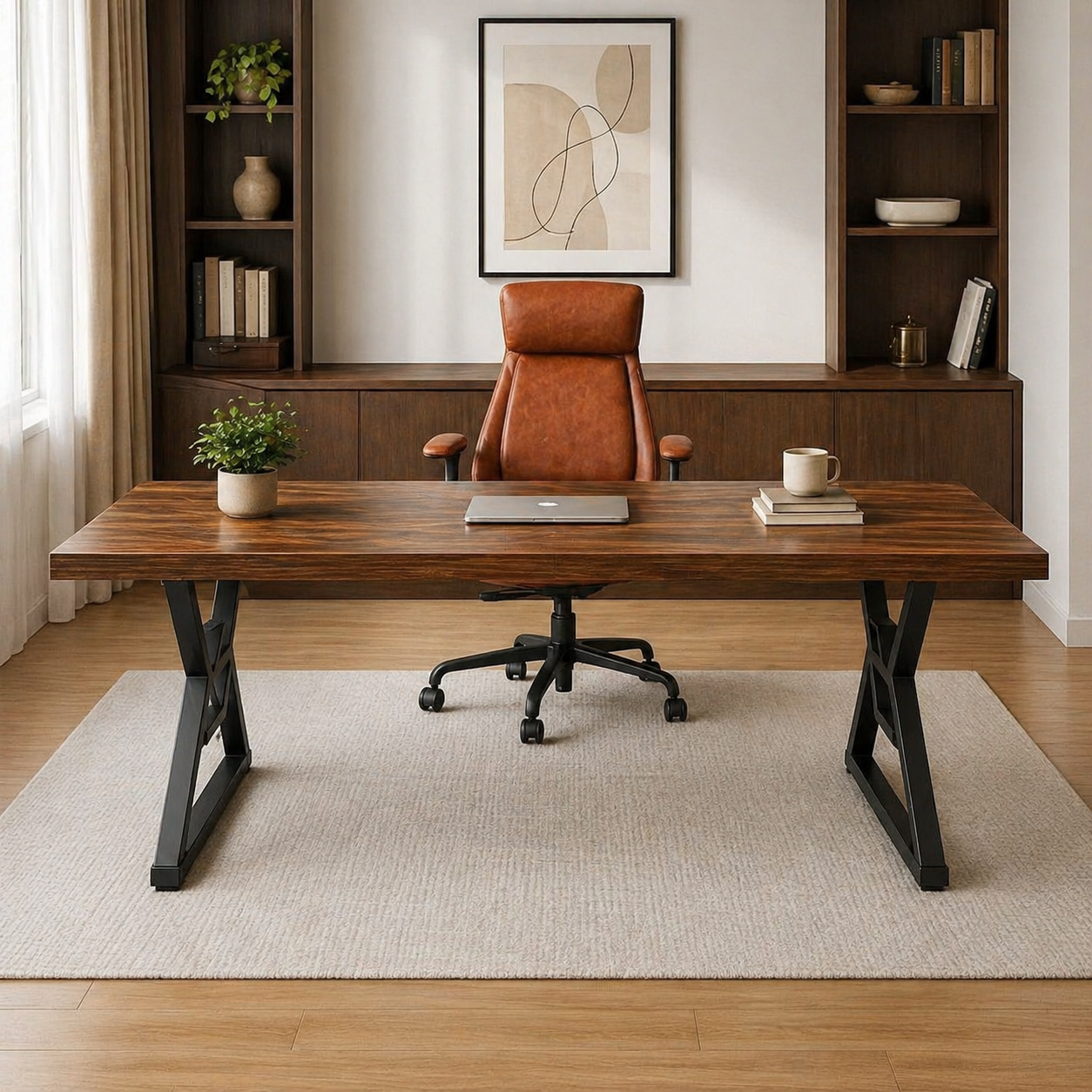 71" Executive Desk & Brown Leather Office Chair Set with Ergonomic High-Back Seat