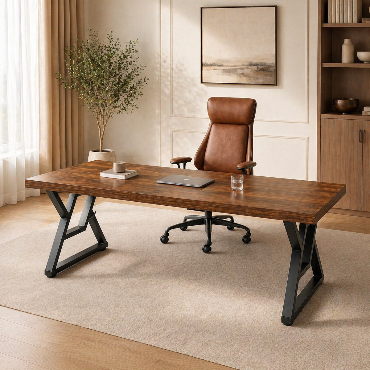 71" Executive Desk & Brown Leather Office Chair Set with Ergonomic High-Back Seat