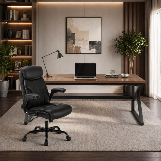 70.8" Double Workstation Desk & Ergonomic Executive Office Chair Set, Rustic Oak
