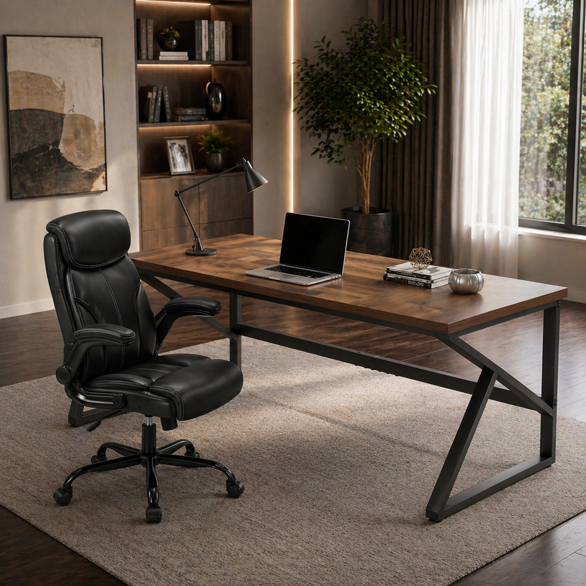 70.8" Double Workstation Desk & Ergonomic Executive Office Chair Set, Rustic Oak