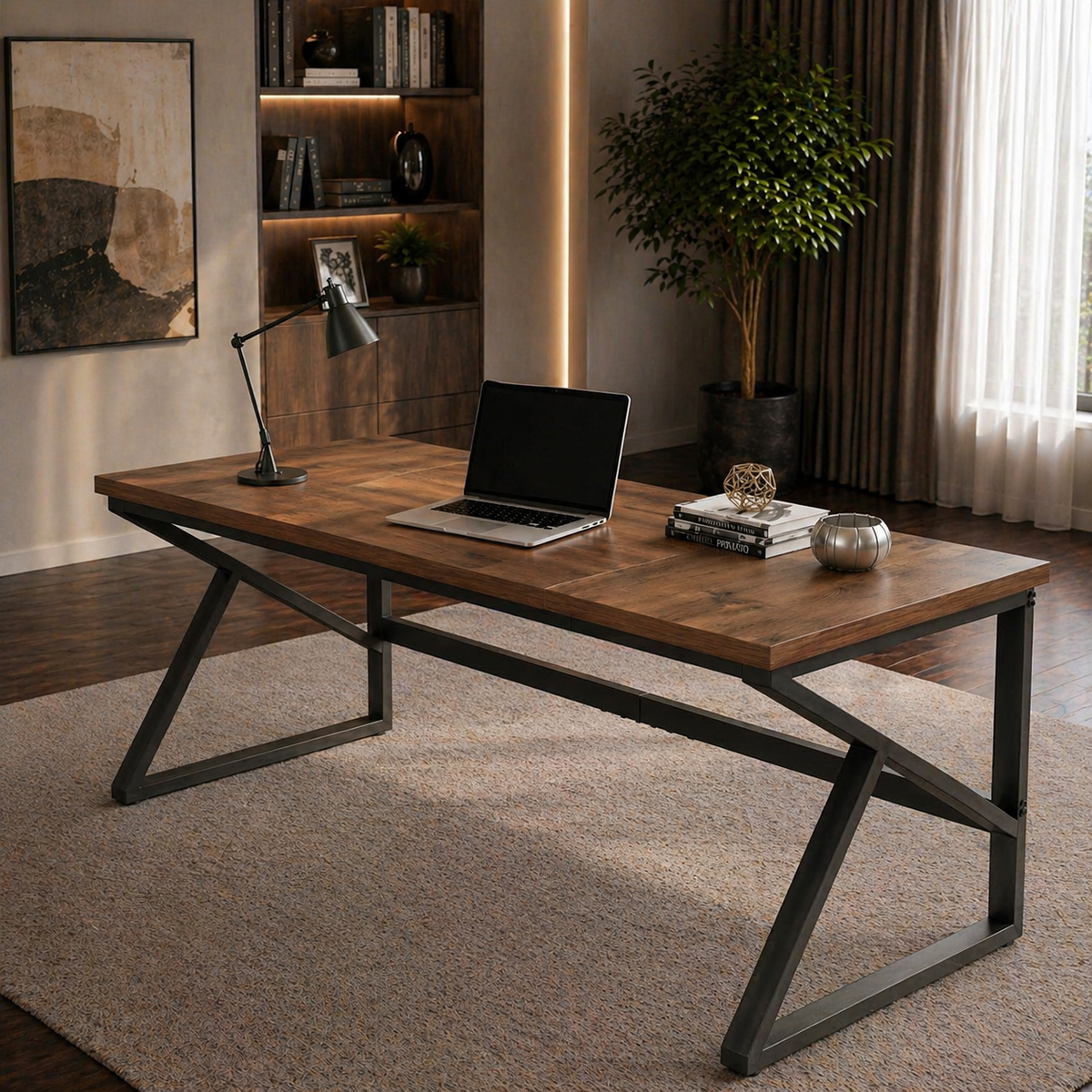 70.8" Double Workstation Desk & Ergonomic Executive Office Chair Set, Rustic Oak