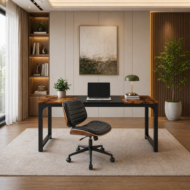 63" Modern Computer Desk & Armless Swivel Office Chair Set, Vintage Black/Walnut Accent