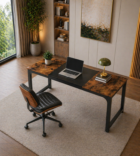 63" Modern Computer Desk & Armless Swivel Office Chair Set, Vintage Black/Walnut Accent