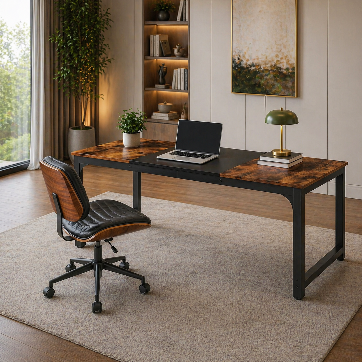 63" Modern Computer Desk & Armless Swivel Office Chair Set, Vintage Black/Walnut Accent