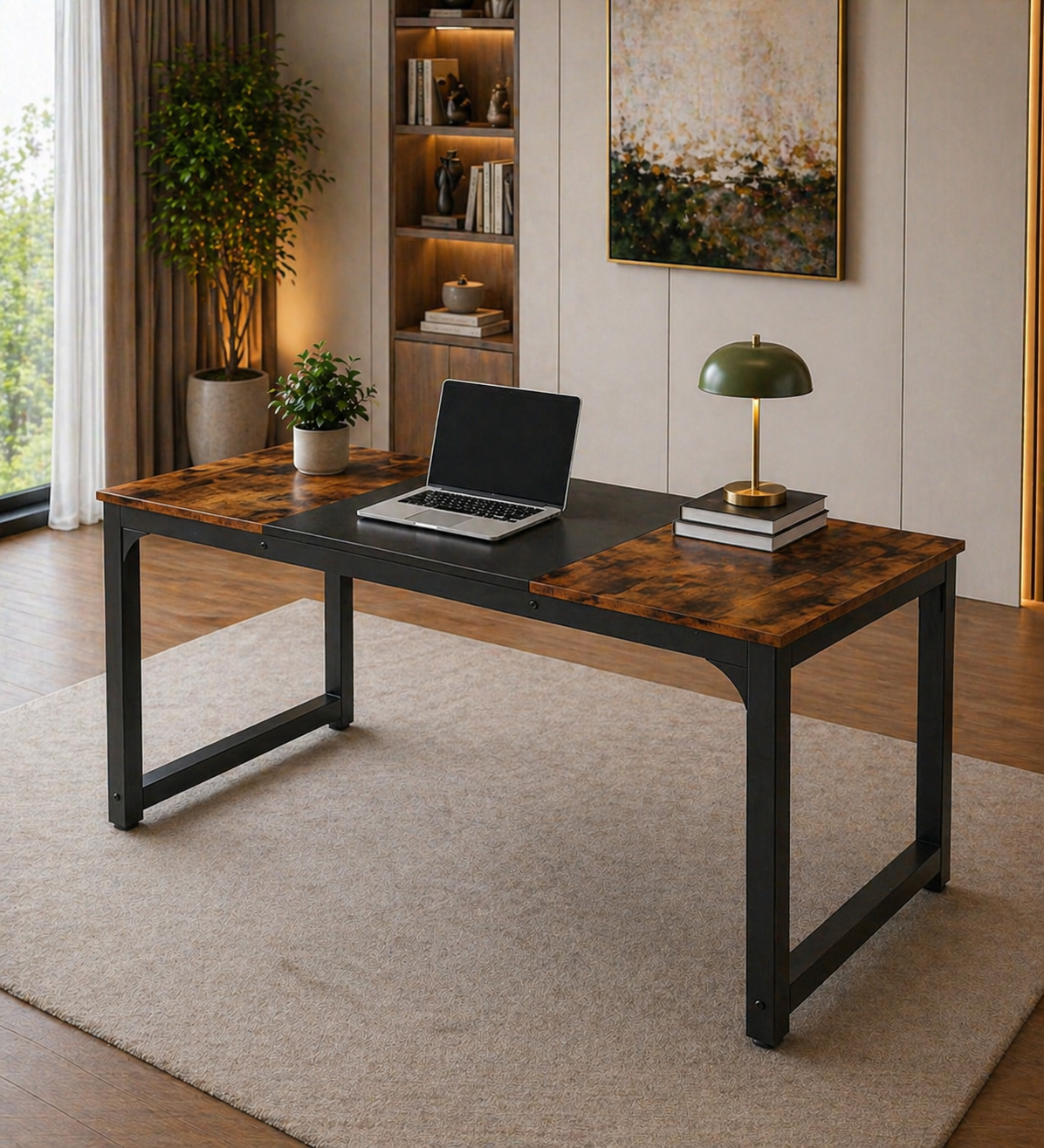 63" Modern Computer Desk & Armless Swivel Office Chair Set, Vintage Black/Walnut Accent