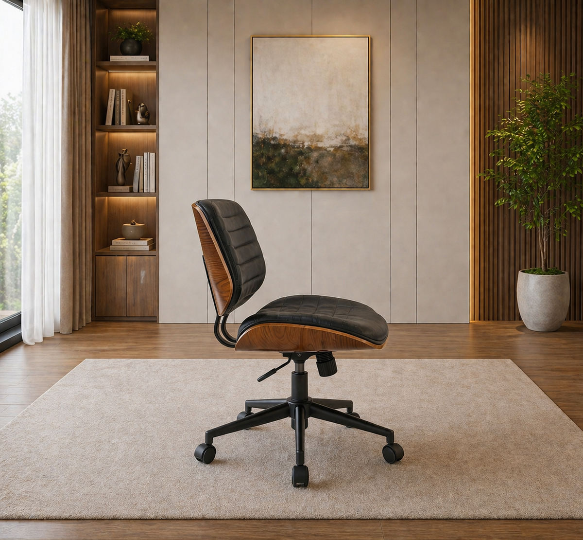 63" Modern Computer Desk & Armless Swivel Office Chair Set, Vintage Black/Walnut Accent