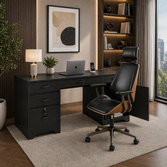 ShipItFurniture 59" Executive Office Desk & Ergonomic Chair Set with Lockable Drawers Black