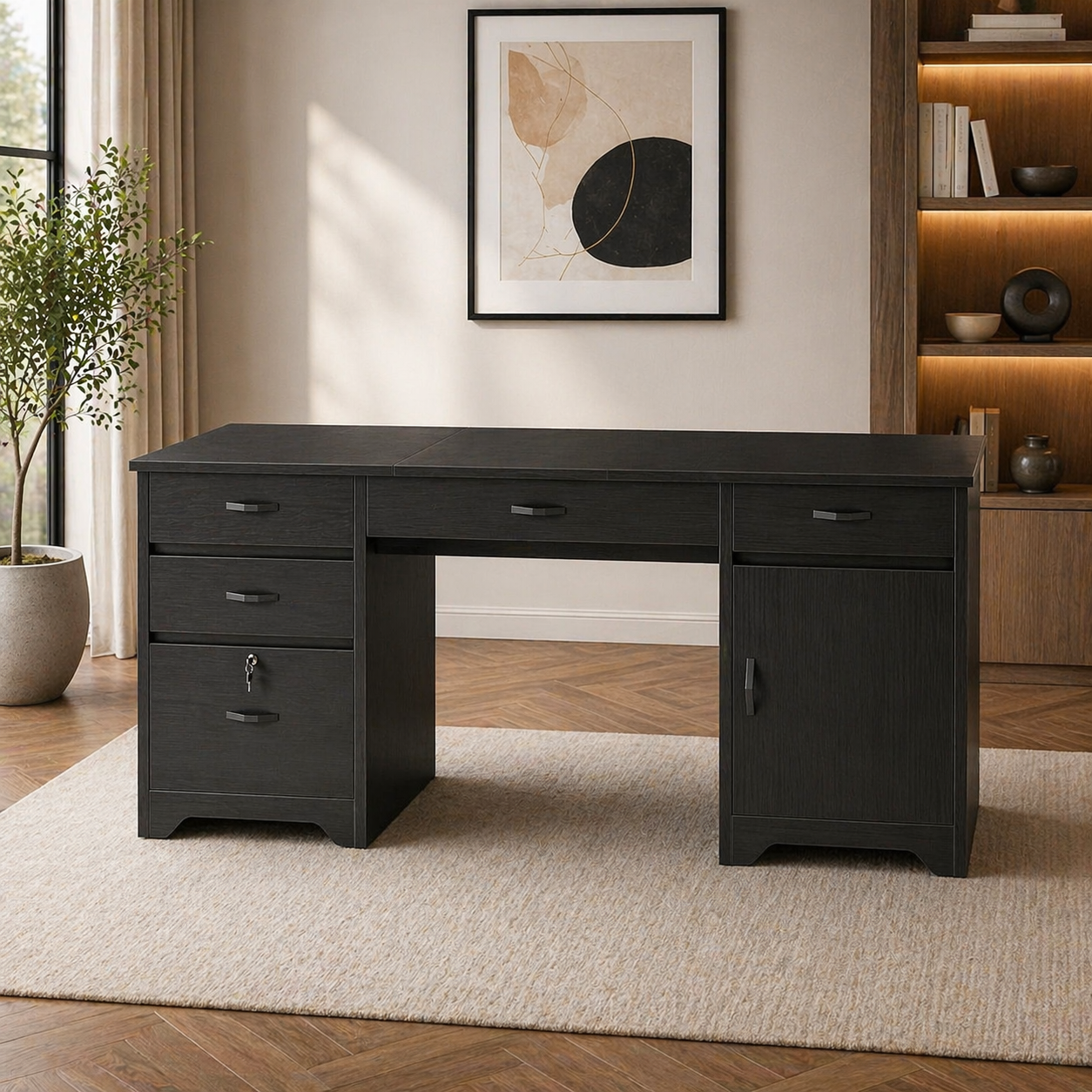 ShipItFurniture 59" Executive Office Desk & Ergonomic Chair Set with Lockable Drawers Black
