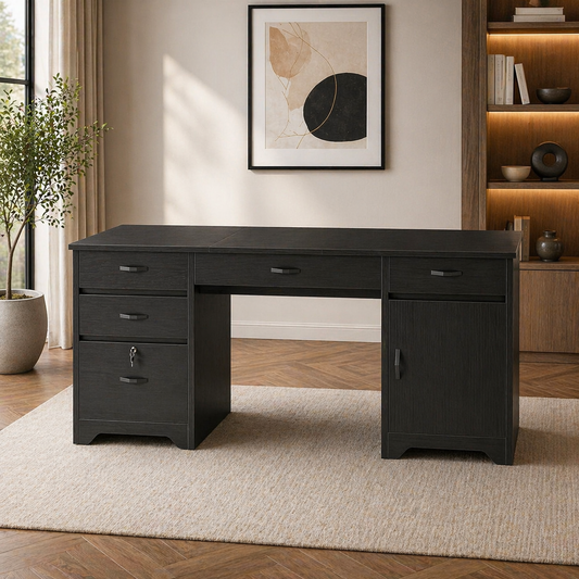ShipItFurniture 59" Executive Office Desk & Ergonomic Chair Set with Lockable Drawers Black