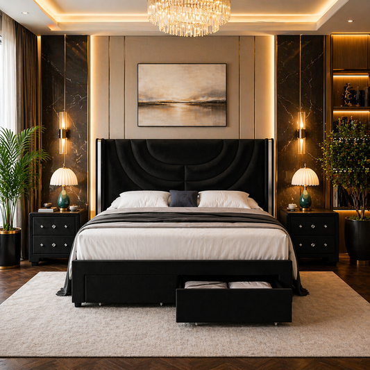 Queen LED Upholstered Bed with 2 Nightstands Bedroom Set Black-0