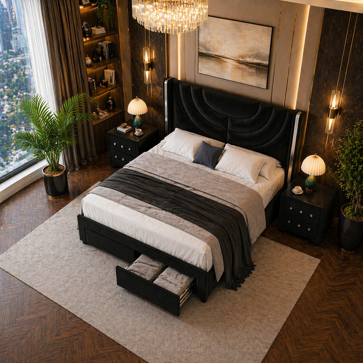 Queen LED Upholstered Bed with 2 Nightstands Bedroom Set Black-1