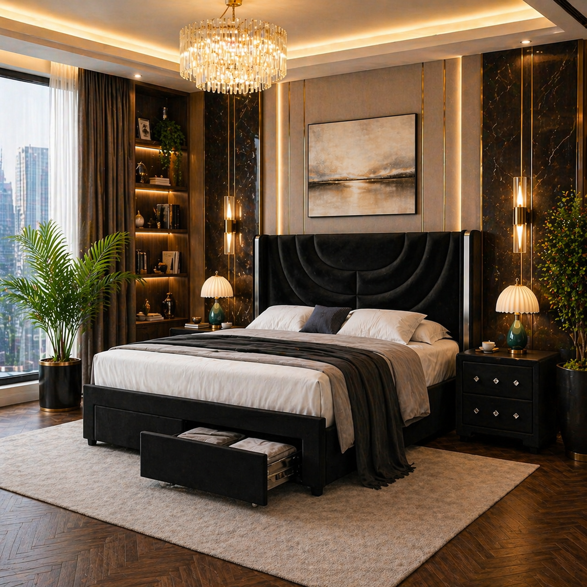 Queen LED Upholstered Bed with 2 Nightstands Bedroom Set Black-2
