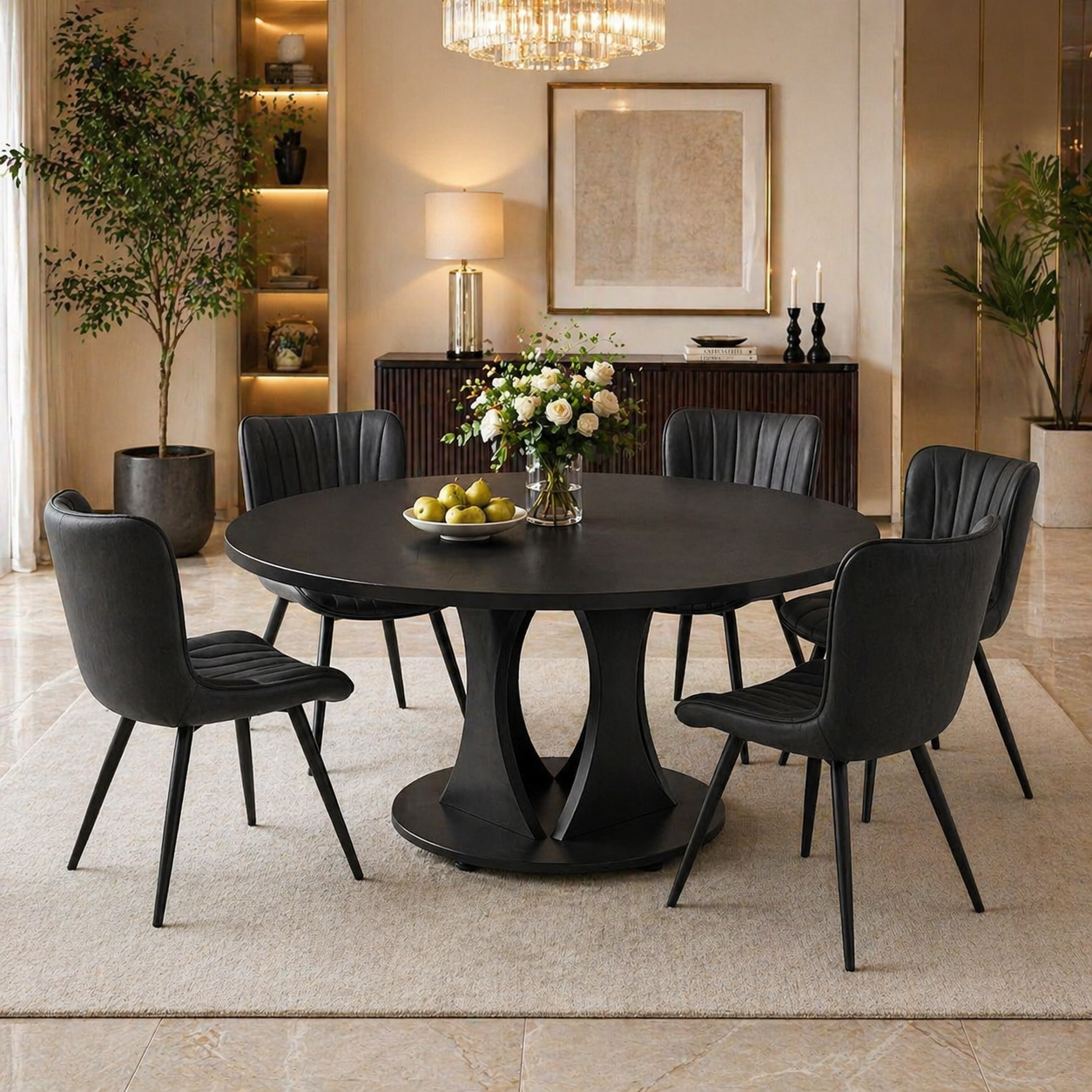 59" Extendable Round Dining Table Set with 6 PU Leather Chairs, Black Dining Room Bundle-2