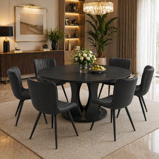 59" Extendable Round Dining Table Set with 6 PU Leather Chairs, Black Dining Room Bundle-0