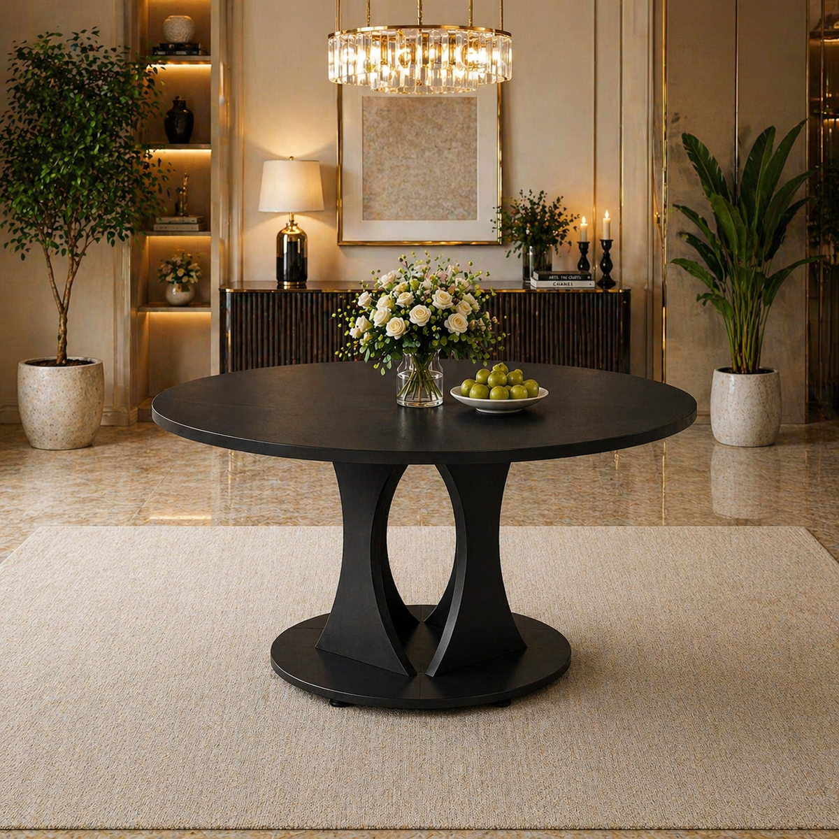 59" Extendable Round Dining Table Set with 6 PU Leather Chairs, Black Dining Room Bundle-4