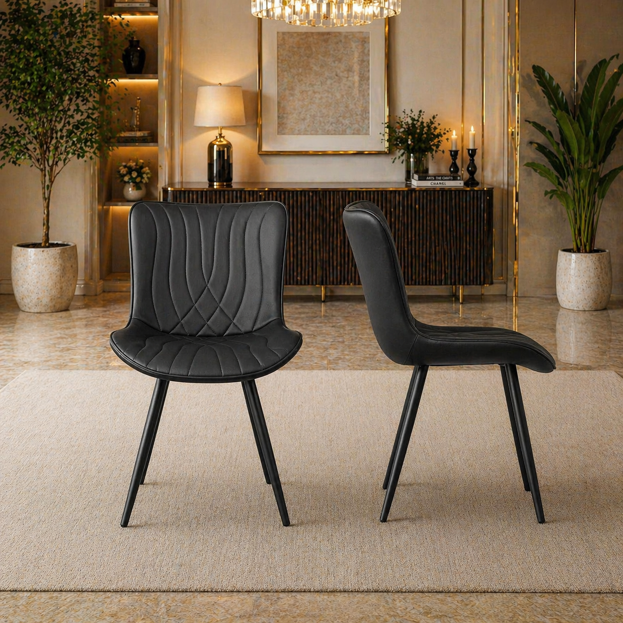 59" Extendable Round Dining Table Set with 6 PU Leather Chairs, Black Dining Room Bundle-3