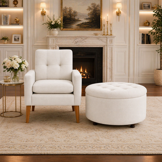 White Upholstered Accent Chair with Round Storage Ottoman Set for Living Room or Bedroom-0