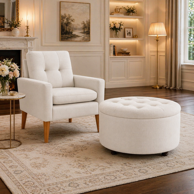 White Upholstered Accent Chair with Round Storage Ottoman Set for Living Room or Bedroom-2