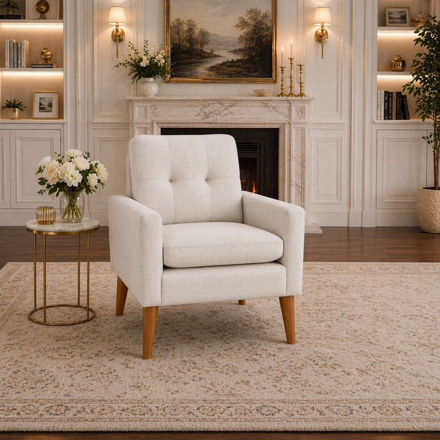 White Upholstered Accent Chair with Round Storage Ottoman Set for Living Room or Bedroom-3