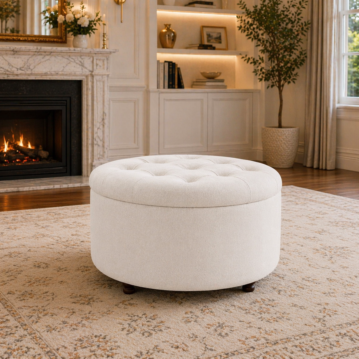 White Upholstered Accent Chair with Round Storage Ottoman Set for Living Room or Bedroom-4