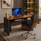 55" Computer Desk with Power Outlet & Keyboard Tray + Executive Swivel Chair Set, Walnut/Black