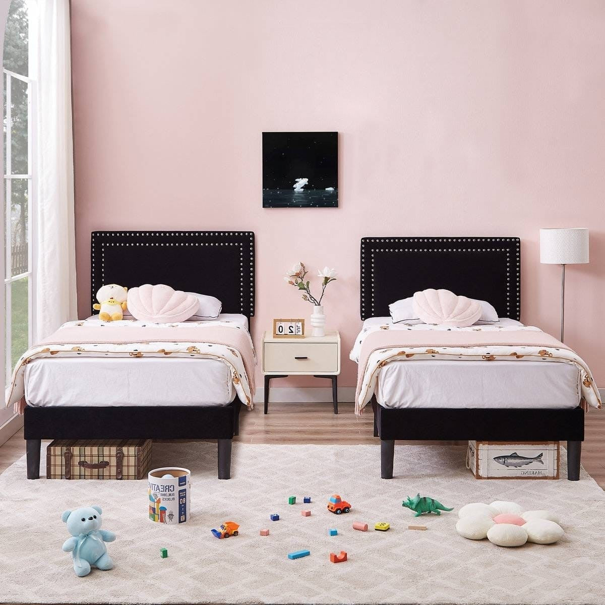 Set of 2 - Twin Dorm Style Black Tufted Upholstered Platform Bed with Headboard-0