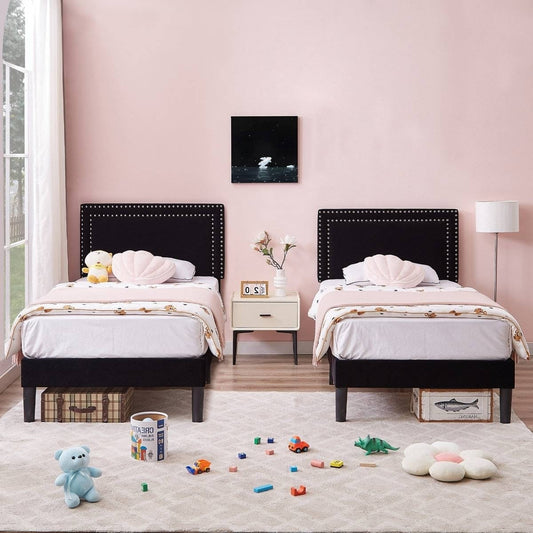 Set of 2 - Twin Dorm Style Black Tufted Upholstered Platform Bed with Headboard-0