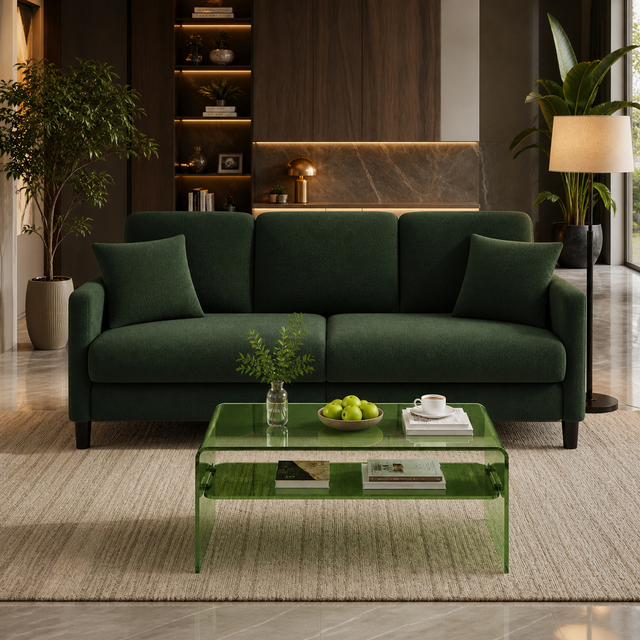 83" Green Teddy Loveseat Sofa with Acrylic Coffee Table Set (2-Piece Living Room Bundle)-0