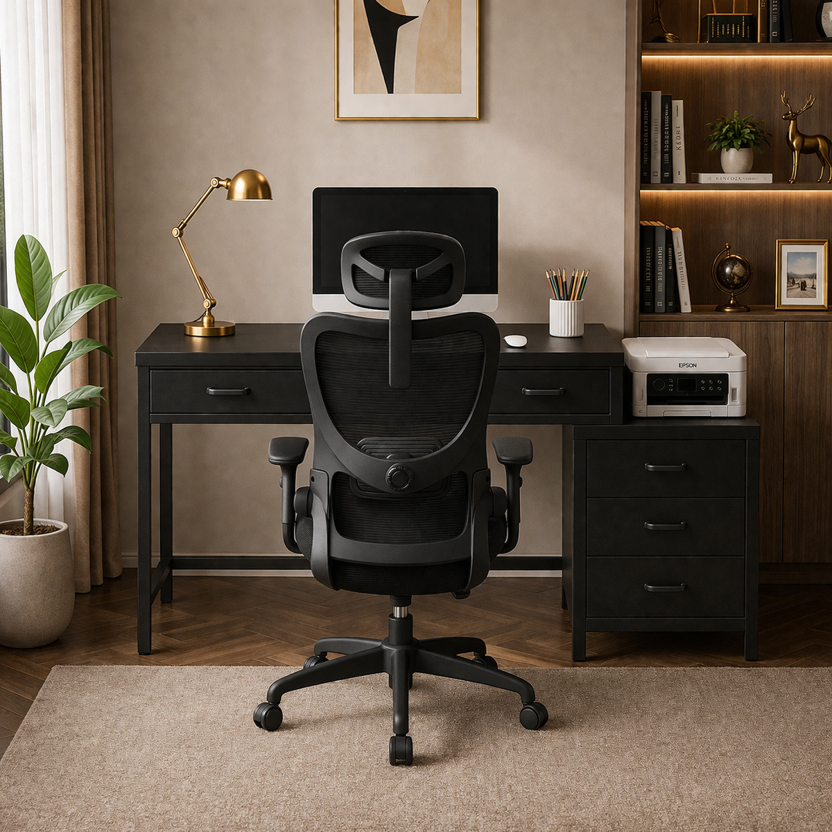 Tribesigns Reversible 5-Drawer Computer Desk & Marsail Mesh Office Chair Set Black
