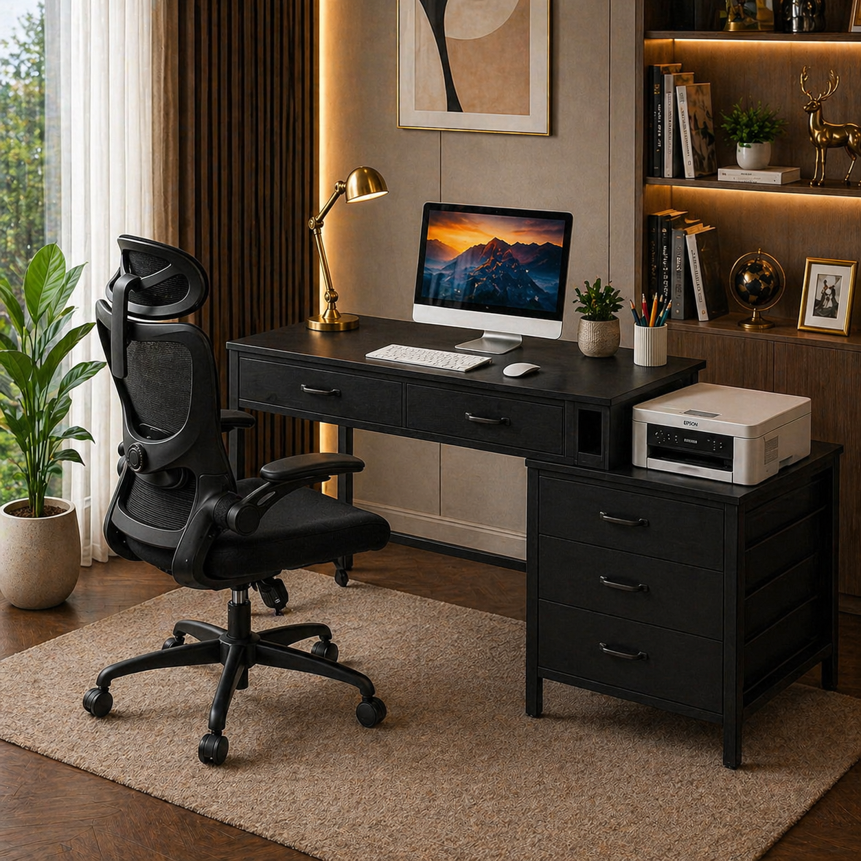 Tribesigns Reversible 5-Drawer Computer Desk & Marsail Mesh Office Chair Set Black