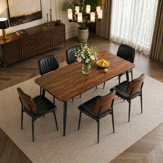 55.1" Modern Farmhouse Dining Table with 4 Upholstered Walnut Back Chairs, 5-Piece Set