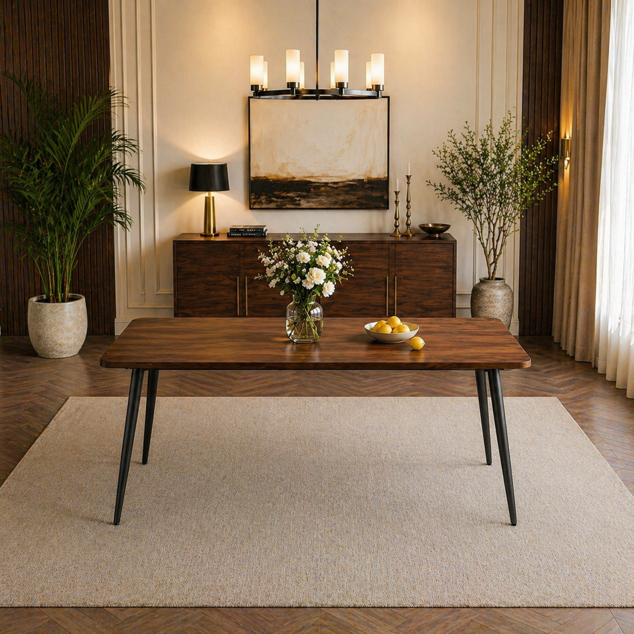 55.1" Modern Farmhouse Dining Table with 4 Upholstered Walnut Back Chairs, 5-Piece Set