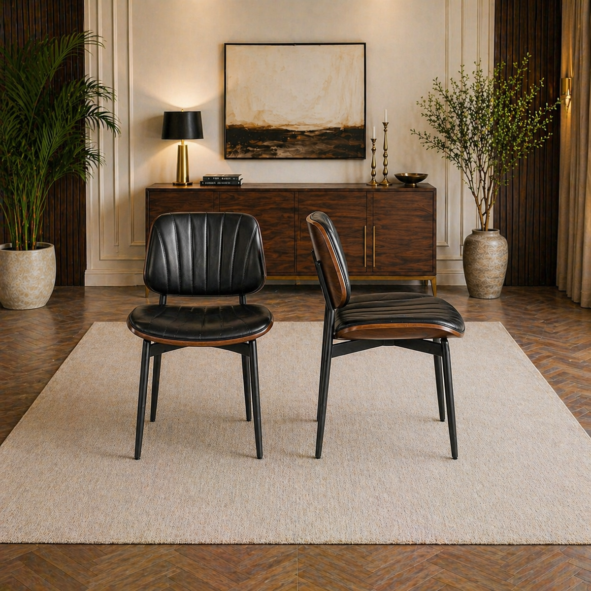55.1" Modern Farmhouse Dining Table with 4 Upholstered Walnut Back Chairs, 5-Piece Set
