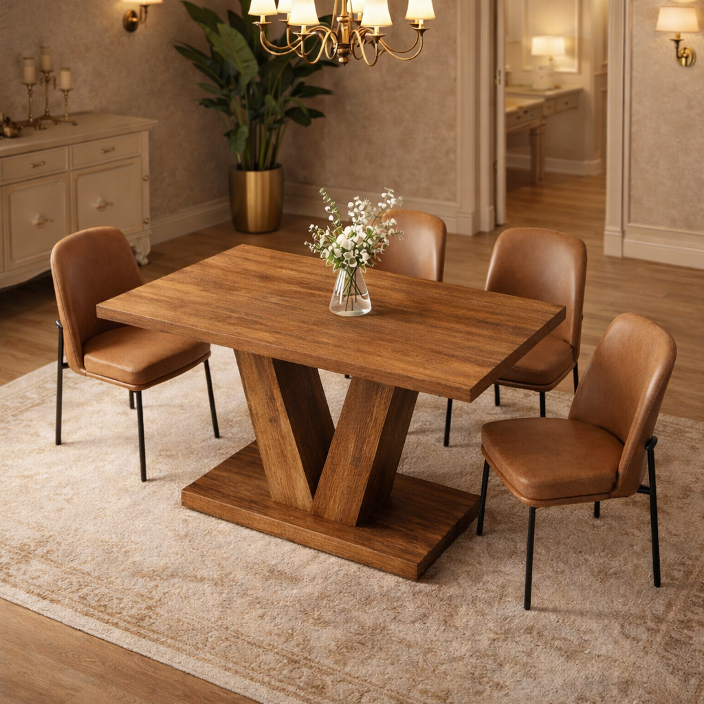 47" Round Walnut Dining Table Set for 4 with 4 Upholstered Brown Dining Chairs