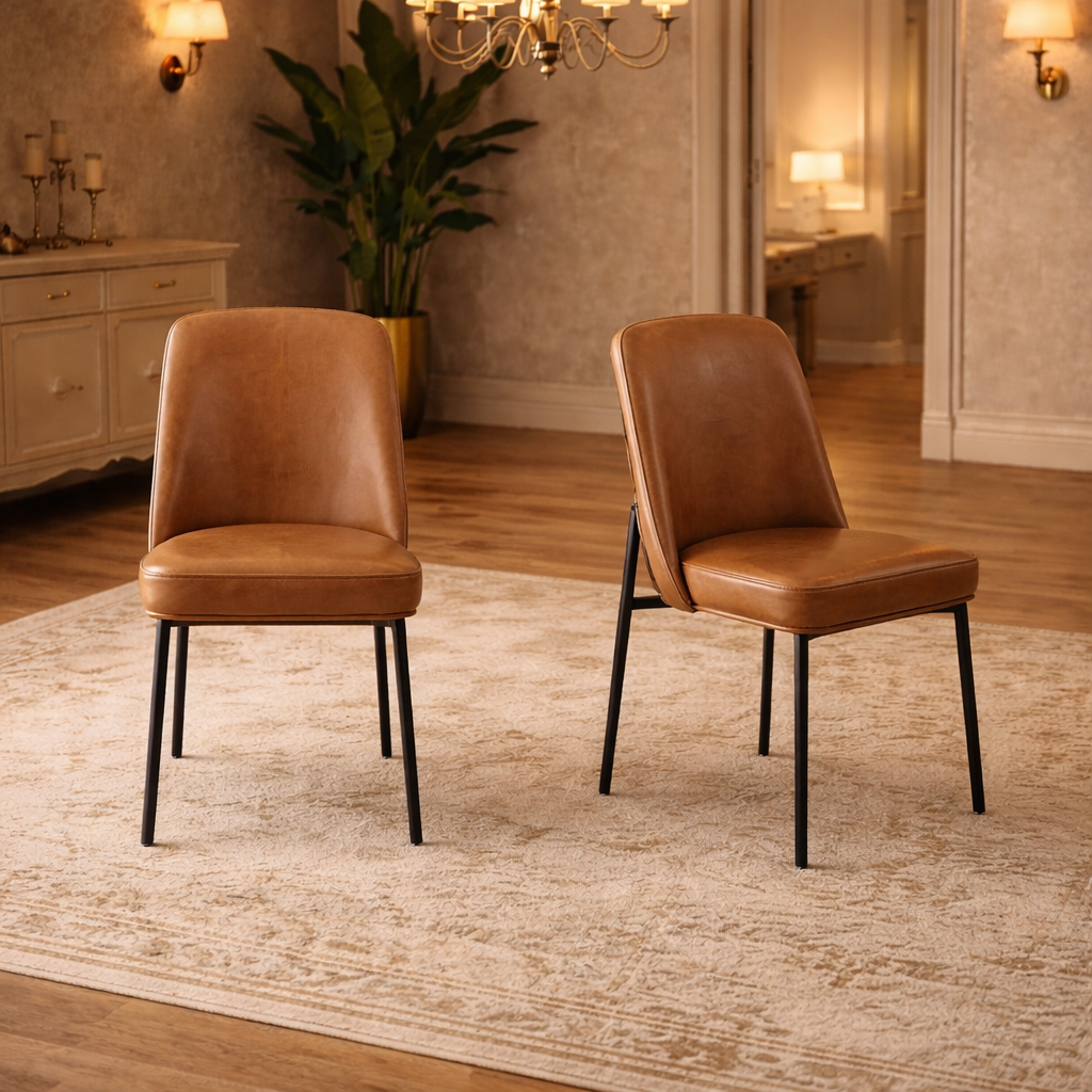 47" Round Walnut Dining Table Set for 4 with 4 Upholstered Brown Dining Chairs