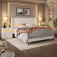 Queen Velvet Wingback Bed with LED Charging Nightstands Set White Upholstered Frame 3 Piece