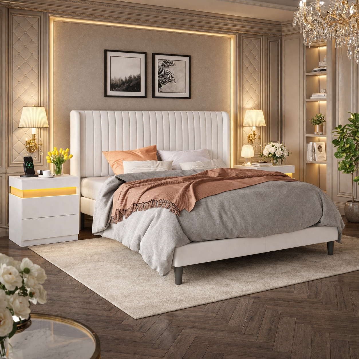 Queen Velvet Wingback Bed with LED Charging Nightstands Set White Upholstered Frame 3 Piece