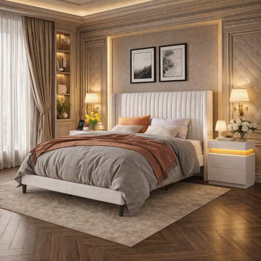 Queen Velvet Wingback Bed with LED Charging Nightstands Set White Upholstered Frame 3 Piece