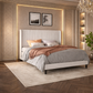 Queen Velvet Wingback Bed with LED Charging Nightstands Set White Upholstered Frame 3 Piece
