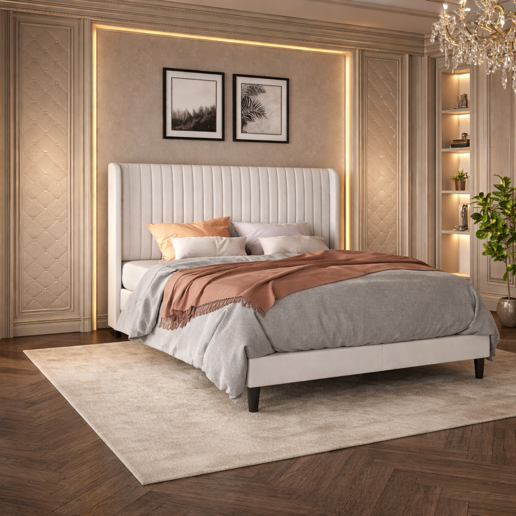 Queen Velvet Wingback Bed with LED Charging Nightstands Set White Upholstered Frame 3 Piece