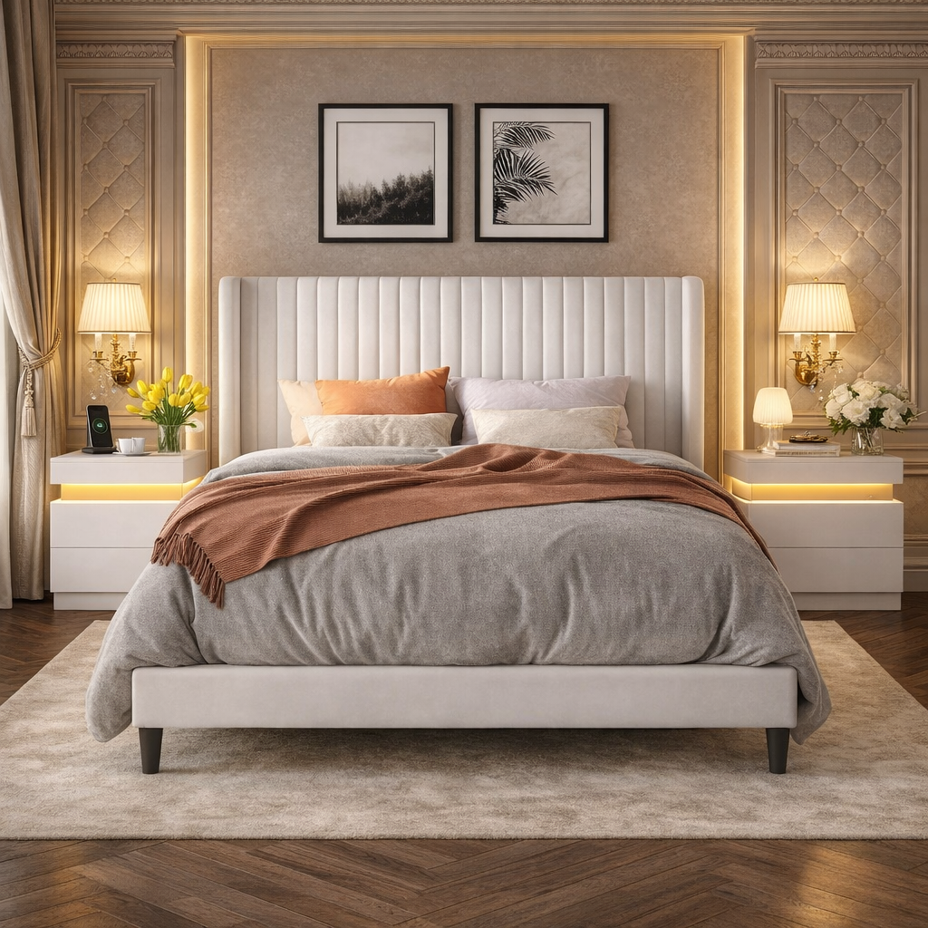 Queen Velvet Wingback Bed with LED Charging Nightstands Set White Upholstered Frame 3 Piece